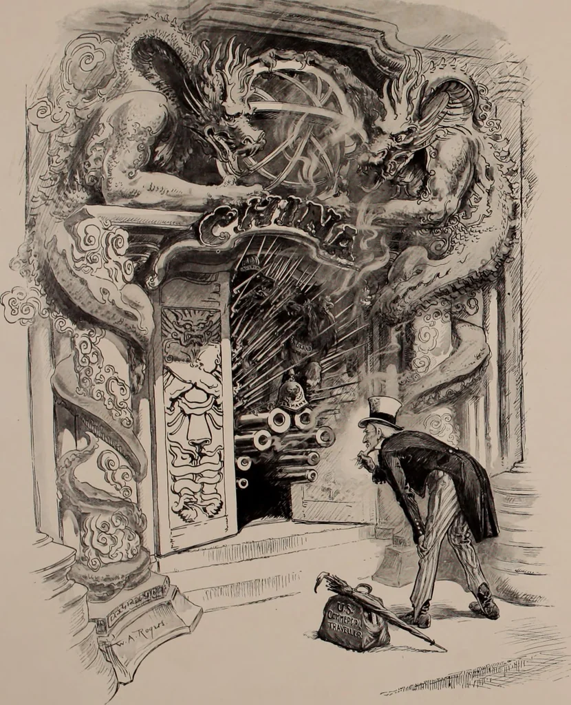An illustration from Hits at politics : a series of cartoons / by W.A. Rogers., 1899, leaf 5