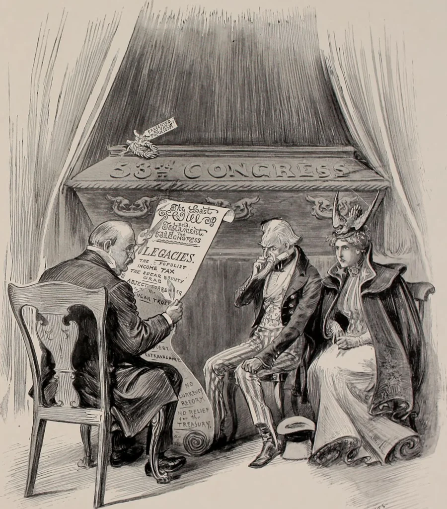 An illustration from Hits at politics : a series of cartoons / by W.A. Rogers., 1899, leaf 50