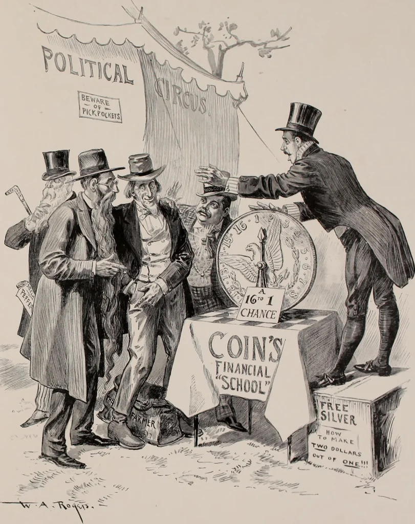 An illustration from Hits at politics : a series of cartoons / by W.A. Rogers., 1899, leaf 58