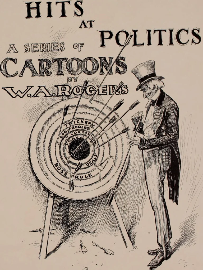 An illustration from Hits at politics : a series of cartoons / by W.A. Rogers., 1899, leaf 6