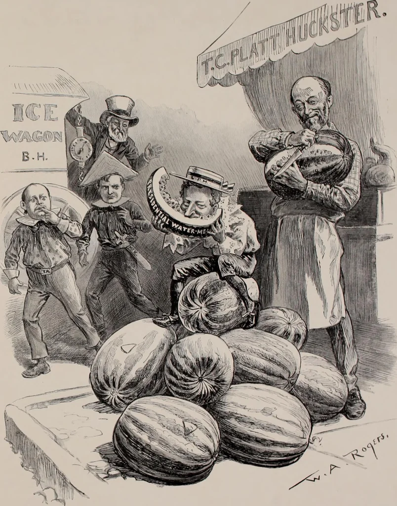 An illustration from Hits at politics : a series of cartoons / by W.A. Rogers., 1899, leaf 66