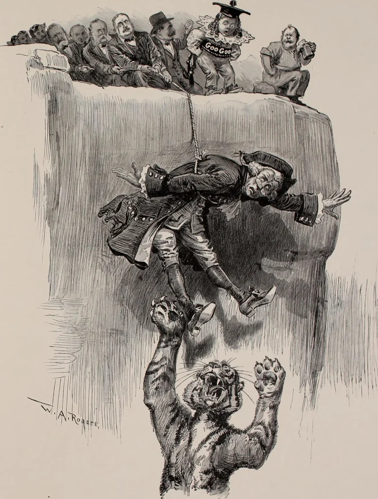 An illustration from Hits at politics : a series of cartoons / by W.A. Rogers., 1899, leaf 72