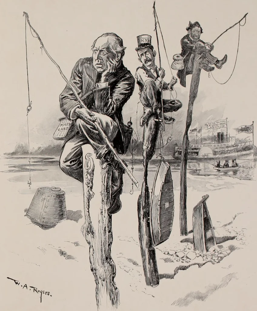 An illustration from Hits at politics : a series of cartoons / by W.A. Rogers., 1899, leaf 74