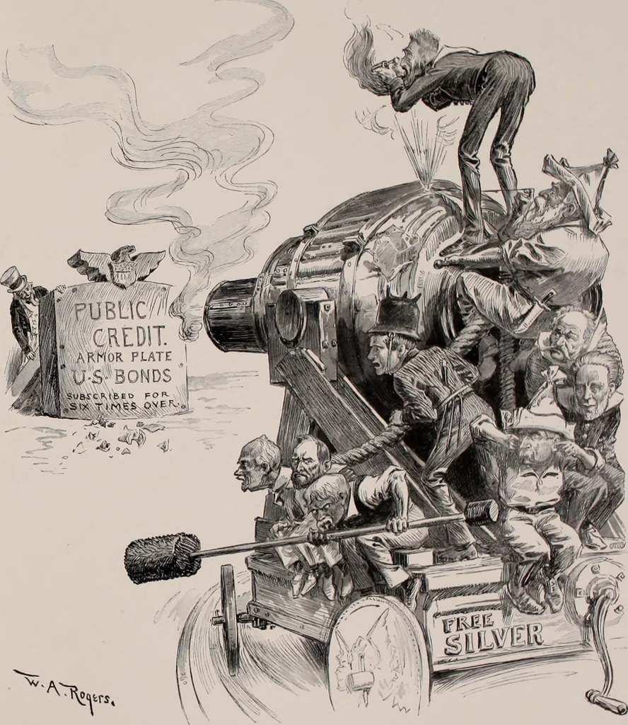 An illustration from Hits at politics : a series of cartoons / by W.A. Rogers., 1899, leaf 80