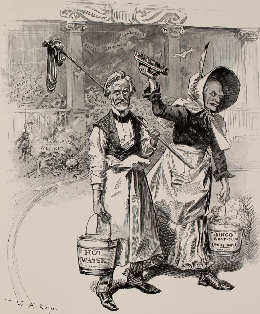 An illustration from Hits at politics : a series of cartoons / by W.A. Rogers., 1899, leaf 82