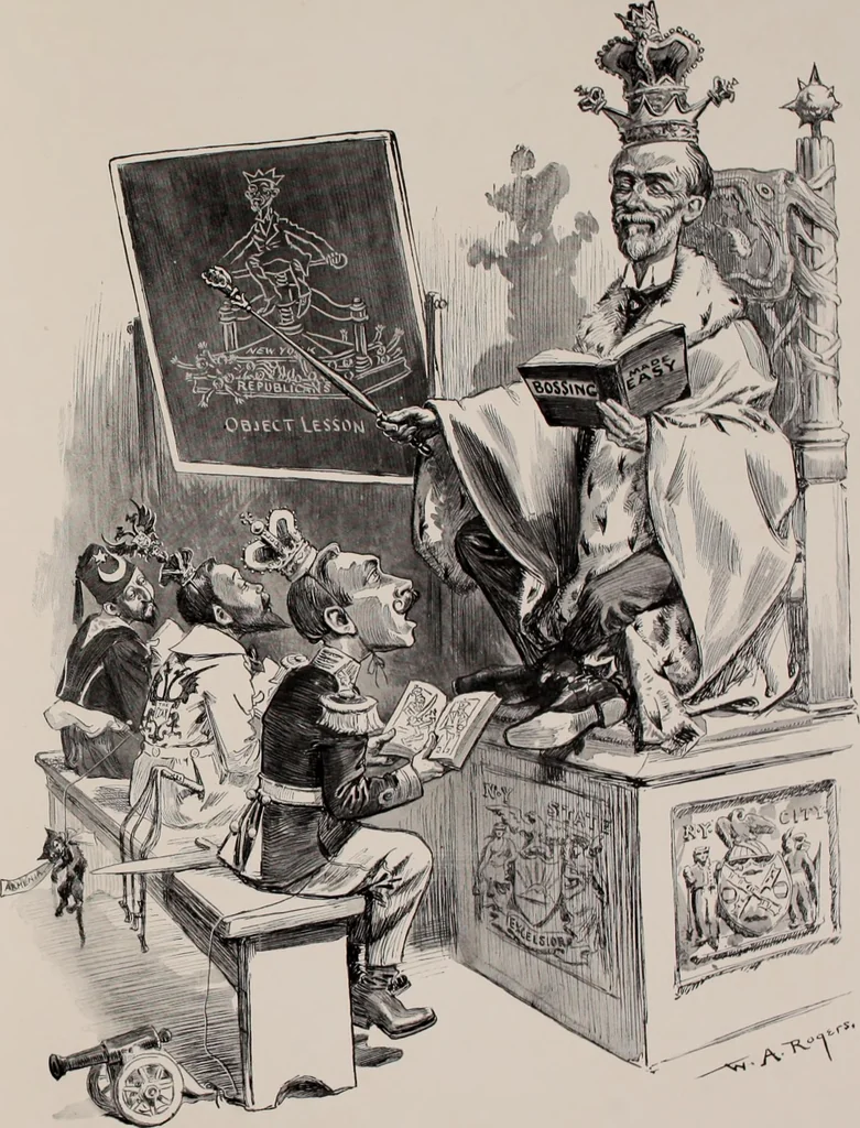An illustration from Hits at politics : a series of cartoons / by W.A. Rogers., 1899, leaf 84