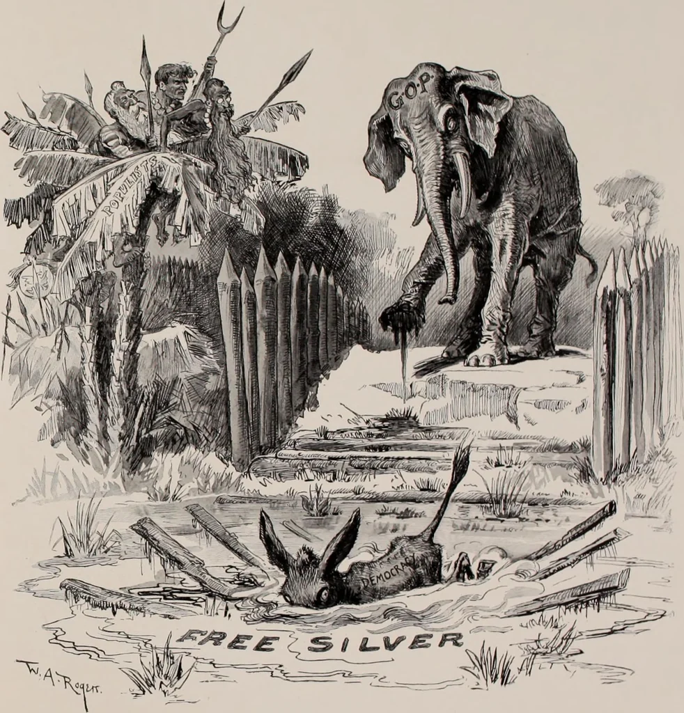 An illustration from Hits at politics : a series of cartoons / by W.A. Rogers., 1899, leaf 88