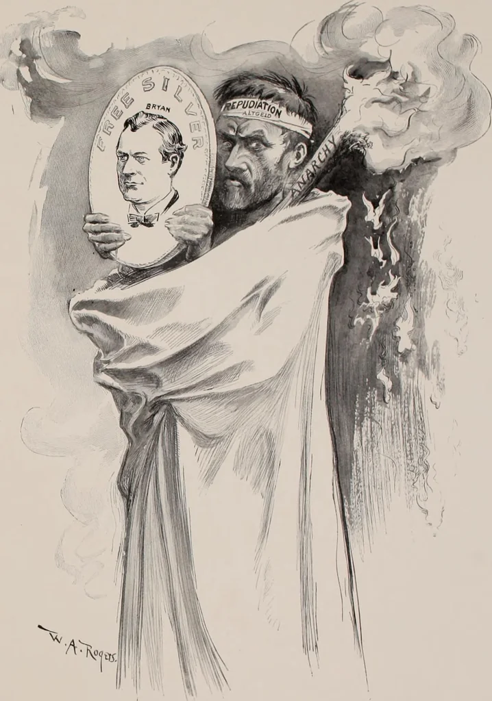 An illustration from Hits at politics : a series of cartoons / by W.A. Rogers., 1899, leaf 96