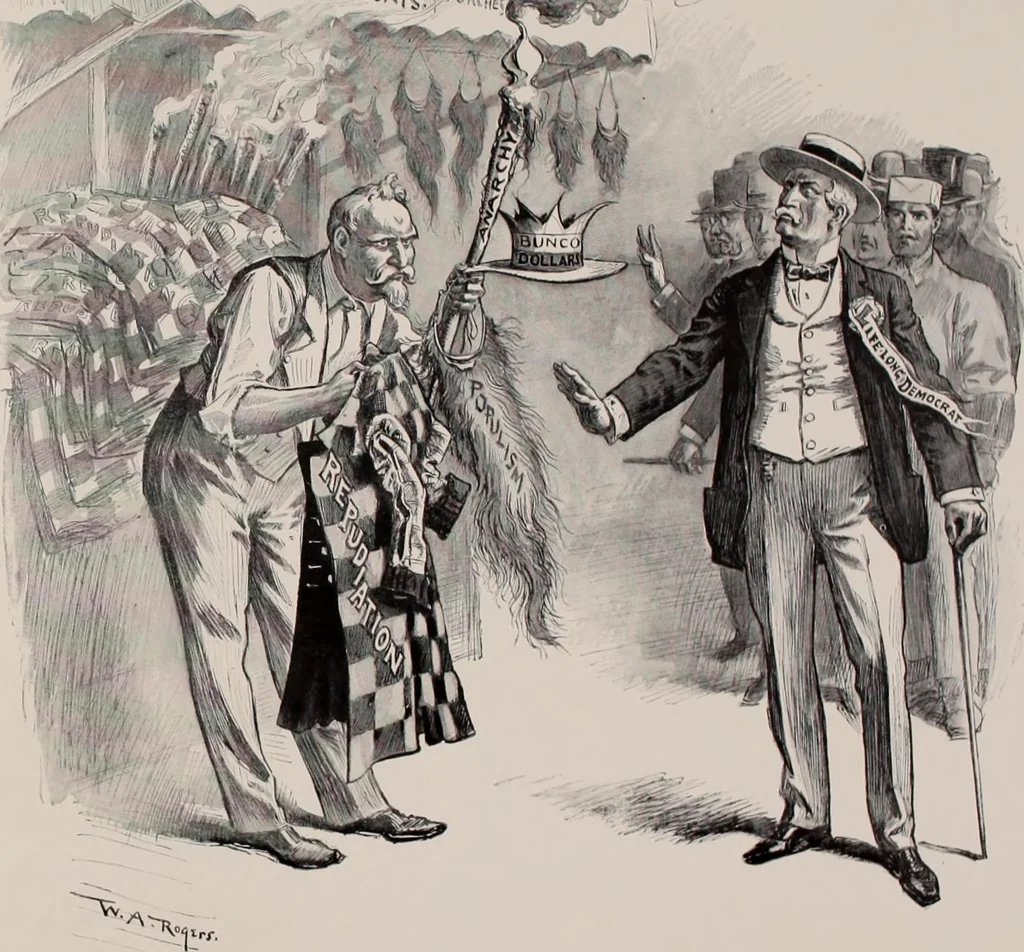 An illustration from Hits at politics : a series of cartoons / by W.A. Rogers., 1899, leaf 98