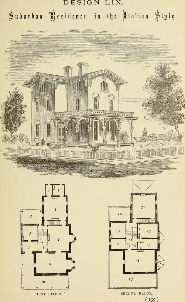 An illustration from Hobbs's architecture: containing designs and ground plans for villas, cottages and other edifices, both suburban and rural, adapted to the United States. With rules for criticism, and introduction, 1876, leaf 144