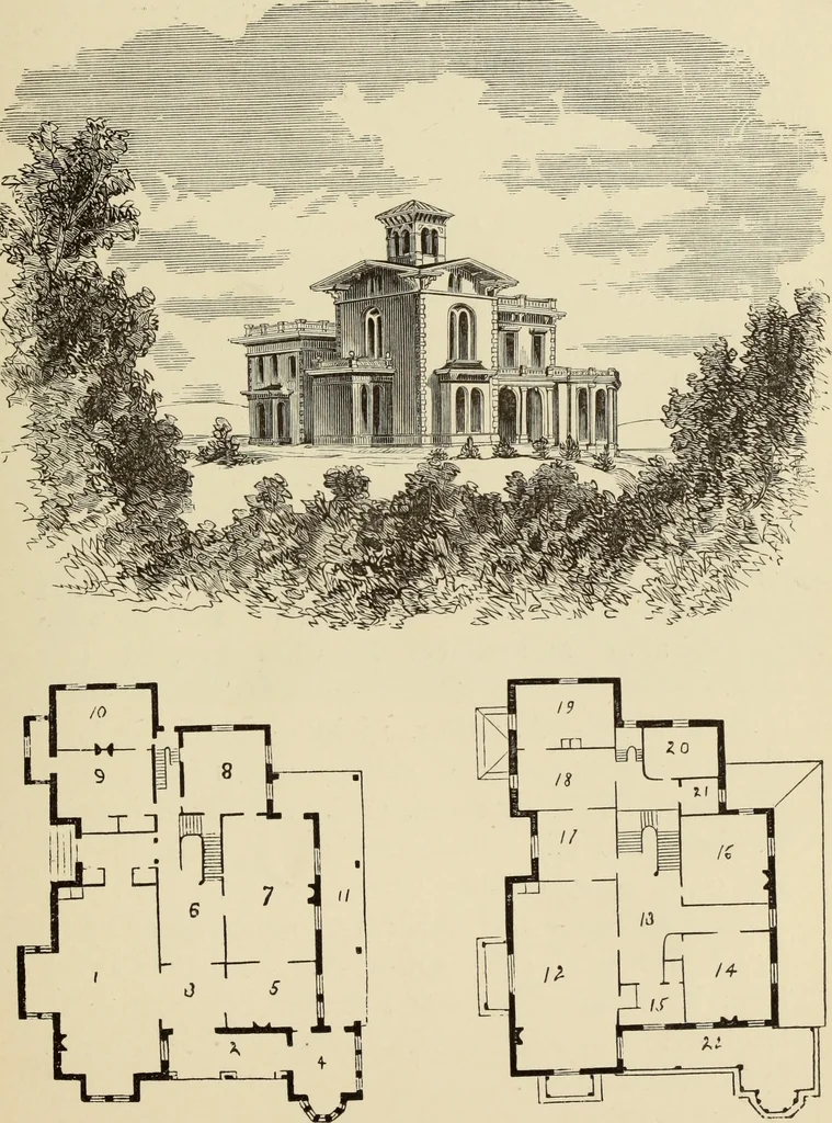 An illustration from Hobbs's architecture: containing designs and ground plans for villas, cottages and other edifices, both suburban and rural, adapted to the United States. With rules for criticism, and introduction, 1876, leaf 150