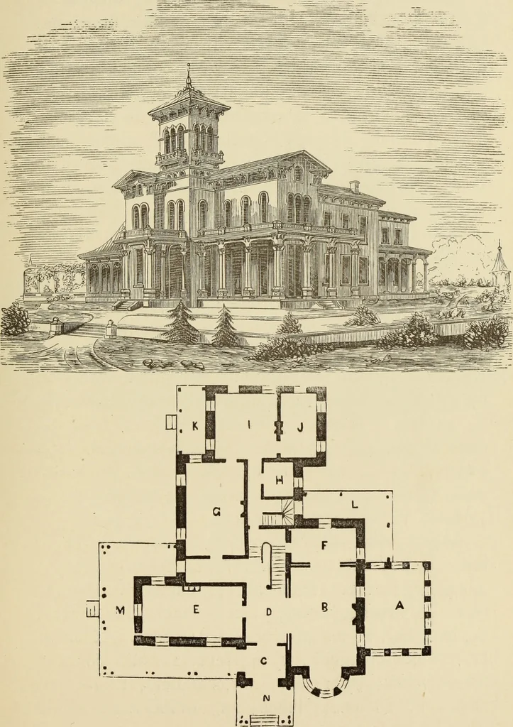 An illustration from Hobbs's architecture: containing designs and ground plans for villas, cottages and other edifices, both suburban and rural, adapted to the United States. With rules for criticism, and introduction, 1876, leaf 156