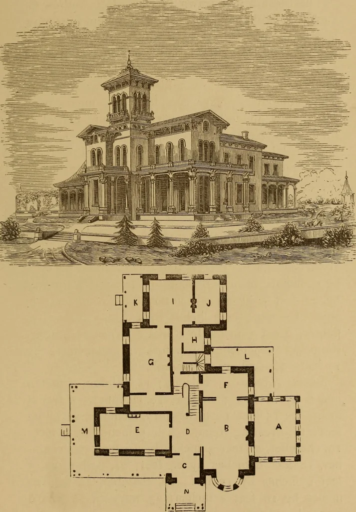 An illustration from Hobbs's architecture: containing designs and ground plans for villas, cottages and other edifices, both suburban and rural, adapted to the United States. With rules for criticism, and introduction, 1876, leaf 160