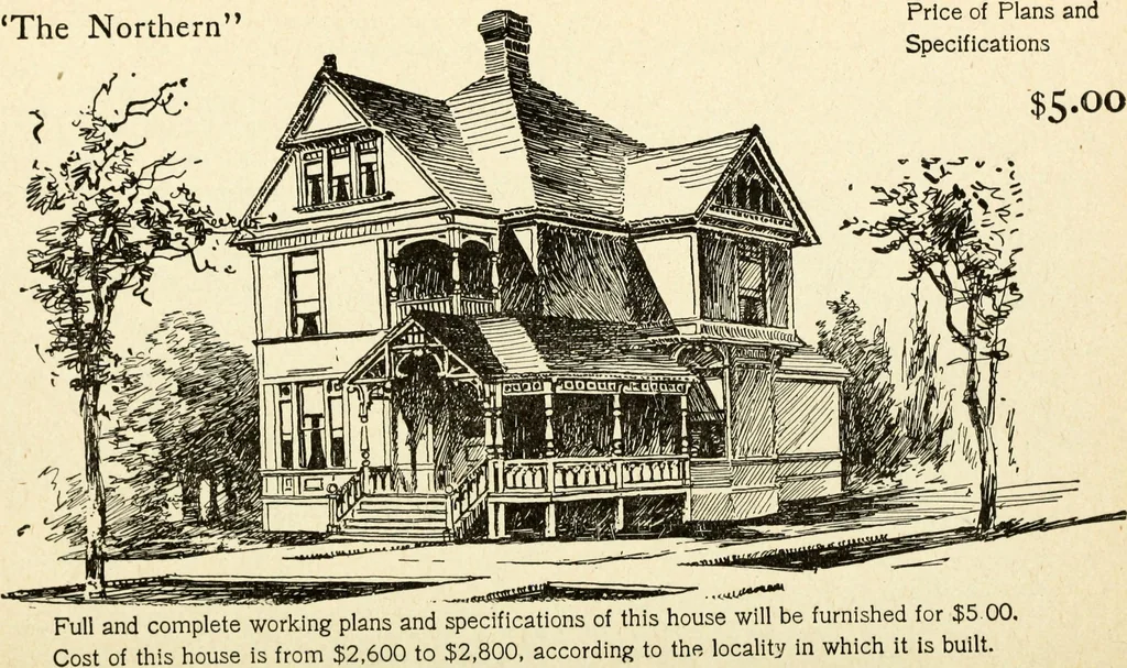 An illustration from Hodgson's low cost American homes; perspective views and floor plans of one hundred low and medium priced houses, 1905, leaf 117