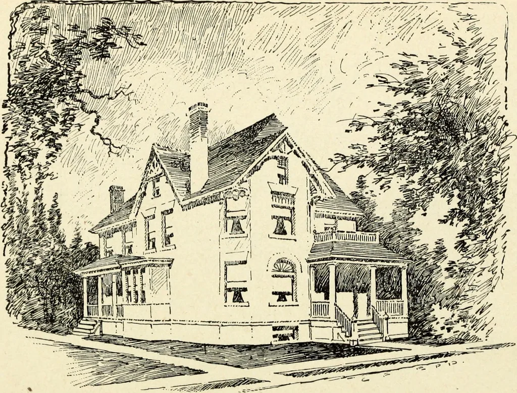 An illustration from Hodgson's low cost American homes; perspective views and floor plans of one hundred low and medium priced houses, 1905, leaf 185