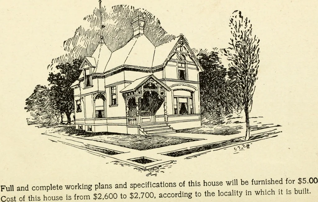 An illustration from Hodgson's low cost American homes; perspective views and floor plans of one hundred low and medium priced houses, 1905, leaf 97