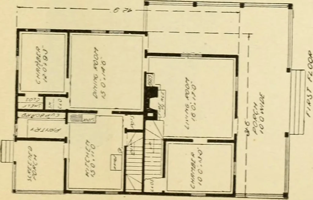 An illustration from Hodgson's modern house building : perspective views and floor plans of fifty low and medium priced houses ; full and complete working plans and specifications of any of these houses will be mailed at the low prices named, on the same day the order is received ; illustrated, 1905, leaf 102