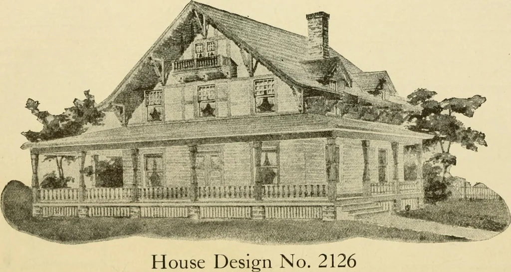 An illustration from Hodgson's modern house building : perspective views and floor plans of fifty low and medium priced houses ; full and complete working plans and specifications of any of these houses will be mailed at the low prices named, on the same day the order is received ; illustrated, 1905, leaf 103