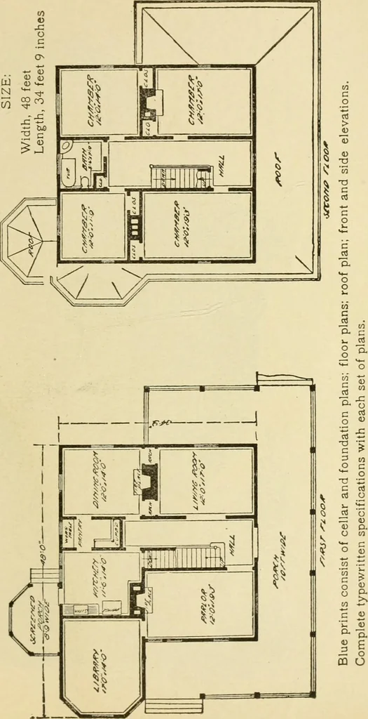An illustration from Hodgson's modern house building : perspective views and floor plans of fifty low and medium priced houses ; full and complete working plans and specifications of any of these houses will be mailed at the low prices named, on the same day the order is received ; illustrated, 1905, leaf 104
