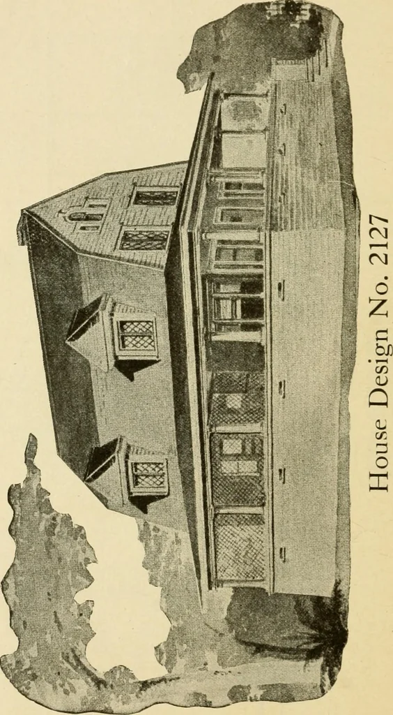 An illustration from Hodgson's modern house building : perspective views and floor plans of fifty low and medium priced houses ; full and complete working plans and specifications of any of these houses will be mailed at the low prices named, on the same day the order is received ; illustrated, 1905, leaf 105