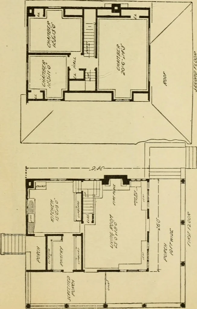 An illustration from Hodgson's modern house building : perspective views and floor plans of fifty low and medium priced houses ; full and complete working plans and specifications of any of these houses will be mailed at the low prices named, on the same day the order is received ; illustrated, 1905, leaf 106