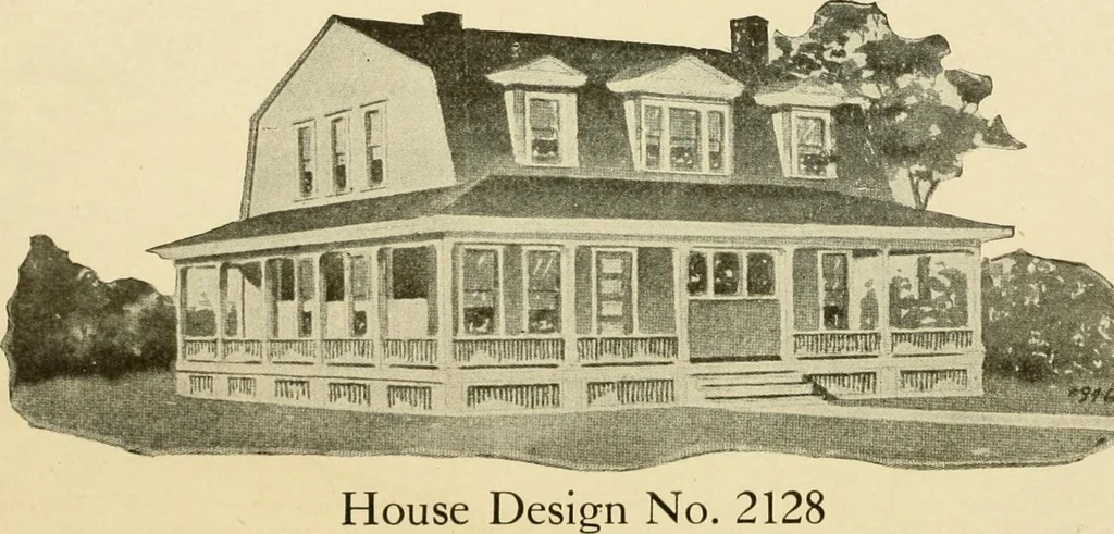 An illustration from Hodgson's modern house building : perspective views and floor plans of fifty low and medium priced houses ; full and complete working plans and specifications of any of these houses will be mailed at the low prices named, on the same day the order is received ; illustrated, 1905, leaf 107