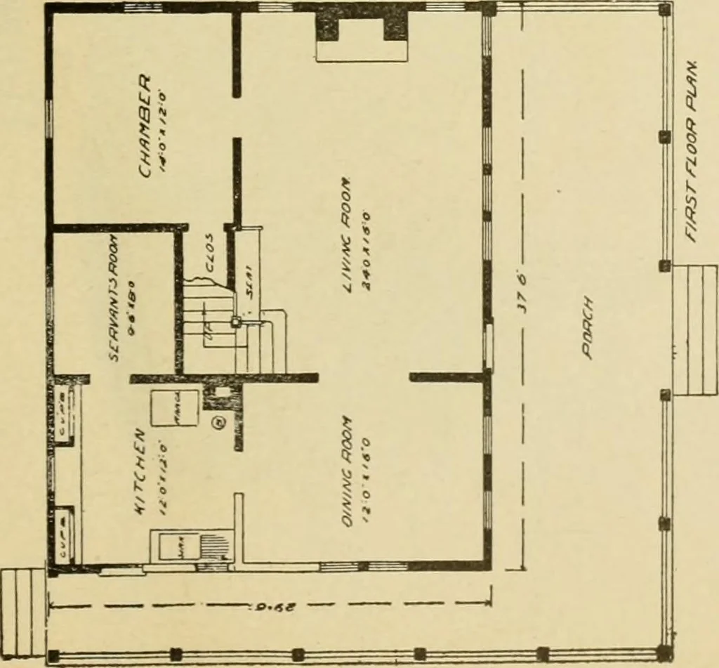 An illustration from Hodgson's modern house building : perspective views and floor plans of fifty low and medium priced houses ; full and complete working plans and specifications of any of these houses will be mailed at the low prices named, on the same day the order is received ; illustrated, 1905, leaf 108