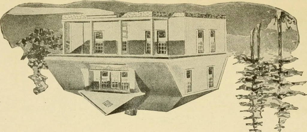 An illustration from Hodgson's modern house building : perspective views and floor plans of fifty low and medium priced houses ; full and complete working plans and specifications of any of these houses will be mailed at the low prices named, on the same day the order is received ; illustrated, 1905, leaf 109