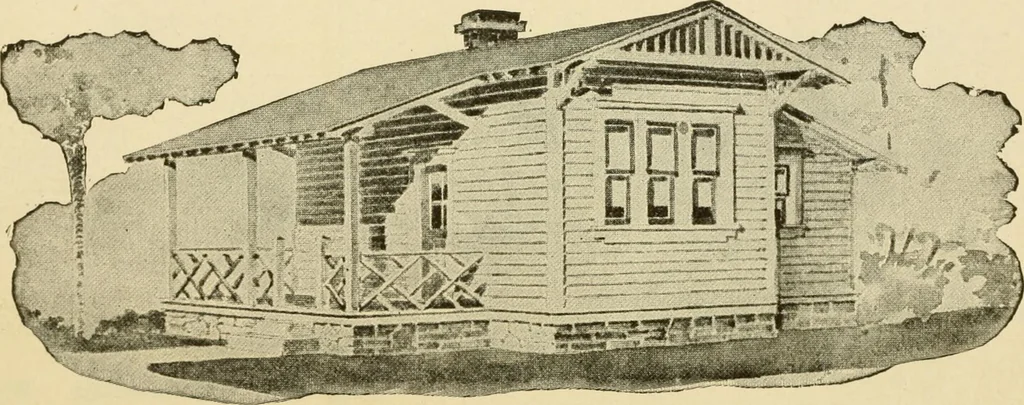 An illustration from Hodgson's modern house building : perspective views and floor plans of fifty low and medium priced houses ; full and complete working plans and specifications of any of these houses will be mailed at the low prices named, on the same day the order is received ; illustrated, 1905, leaf 113