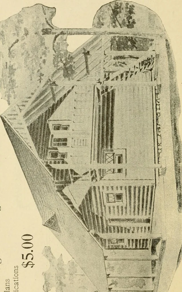 An illustration from Hodgson's modern house building : perspective views and floor plans of fifty low and medium priced houses ; full and complete working plans and specifications of any of these houses will be mailed at the low prices named, on the same day the order is received ; illustrated, 1905, leaf 115