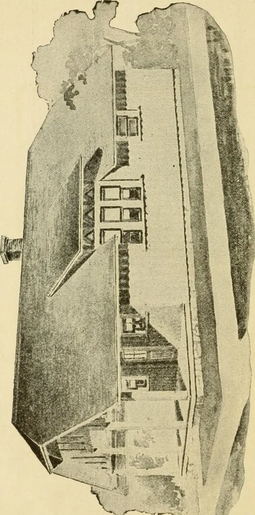 An illustration from Hodgson's modern house building : perspective views and floor plans of fifty low and medium priced houses ; full and complete working plans and specifications of any of these houses will be mailed at the low prices named, on the same day the order is received ; illustrated, 1905, leaf 117