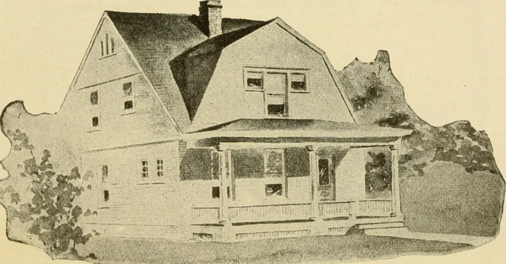 An illustration from Hodgson's modern house building : perspective views and floor plans of fifty low and medium priced houses ; full and complete working plans and specifications of any of these houses will be mailed at the low prices named, on the same day the order is received ; illustrated, 1905, leaf 119