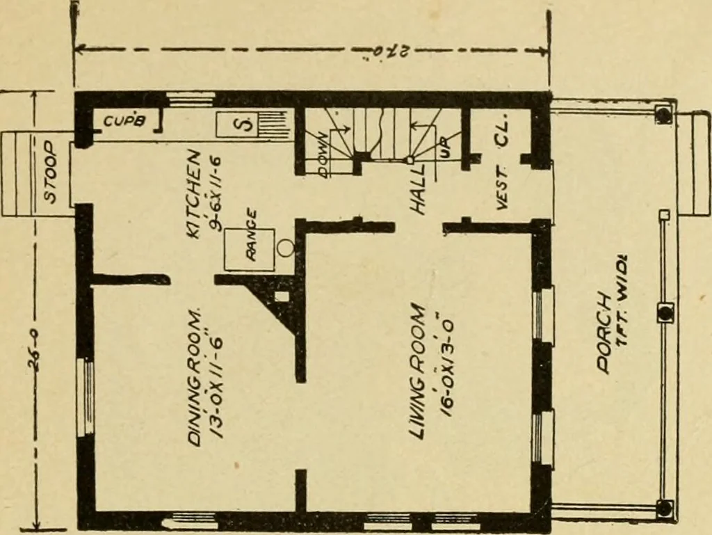 An illustration from Hodgson's modern house building : perspective views and floor plans of fifty low and medium priced houses ; full and complete working plans and specifications of any of these houses will be mailed at the low prices named, on the same day the order is received ; illustrated, 1905, leaf 120