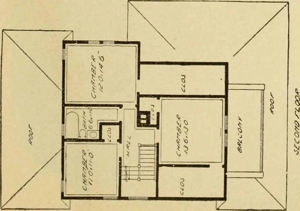 An illustration from Hodgson's modern house building : perspective views and floor plans of fifty low and medium priced houses ; full and complete working plans and specifications of any of these houses will be mailed at the low prices named, on the same day the order is received ; illustrated, 1905, leaf 120
