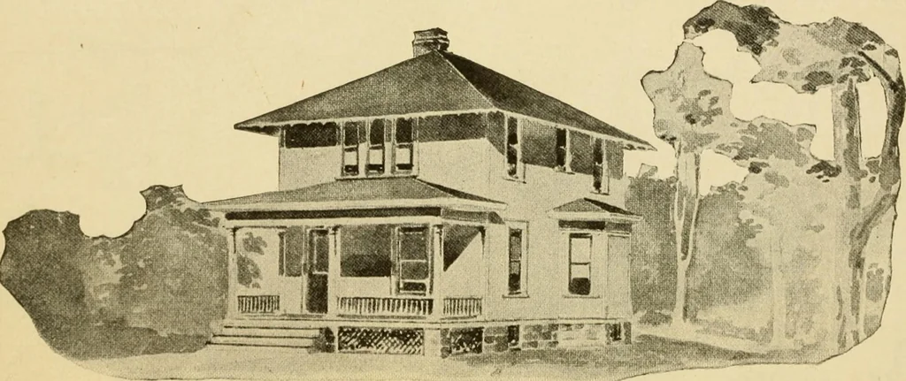An illustration from Hodgson's modern house building : perspective views and floor plans of fifty low and medium priced houses ; full and complete working plans and specifications of any of these houses will be mailed at the low prices named, on the same day the order is received ; illustrated, 1905, leaf 121