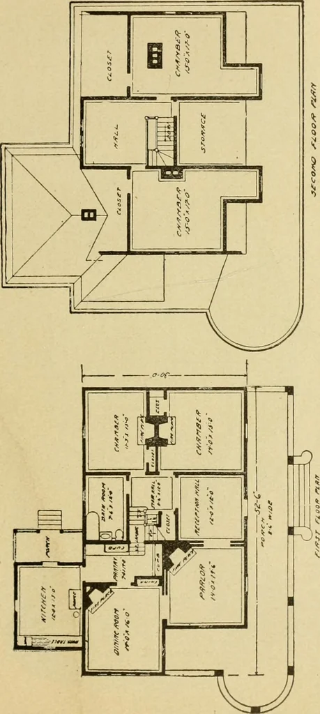 An illustration from Hodgson's modern house building : perspective views and floor plans of fifty low and medium priced houses ; full and complete working plans and specifications of any of these houses will be mailed at the low prices named, on the same day the order is received ; illustrated, 1905, leaf 124