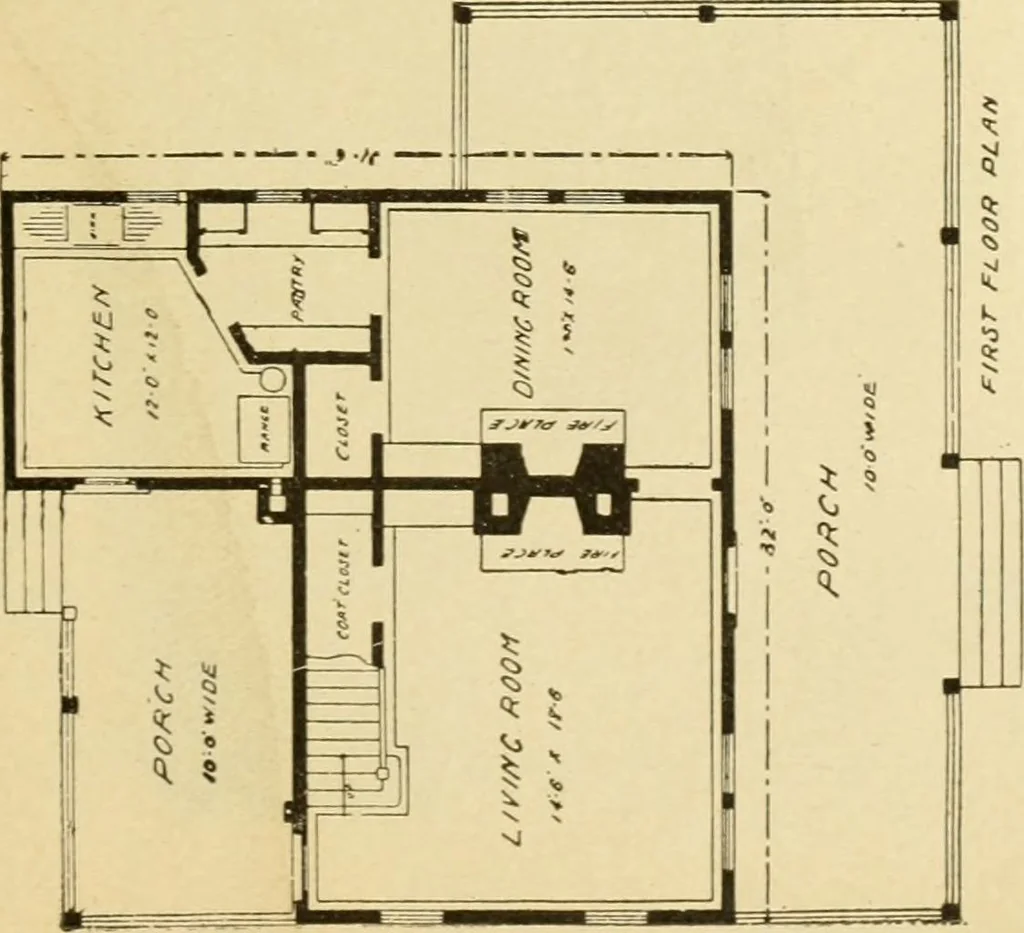 An illustration from Hodgson's modern house building : perspective views and floor plans of fifty low and medium priced houses ; full and complete working plans and specifications of any of these houses will be mailed at the low prices named, on the same day the order is received ; illustrated, 1905, leaf 126