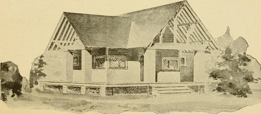 An illustration from Hodgson's modern house building : perspective views and floor plans of fifty low and medium priced houses ; full and complete working plans and specifications of any of these houses will be mailed at the low prices named, on the same day the order is received ; illustrated, 1905, leaf 127