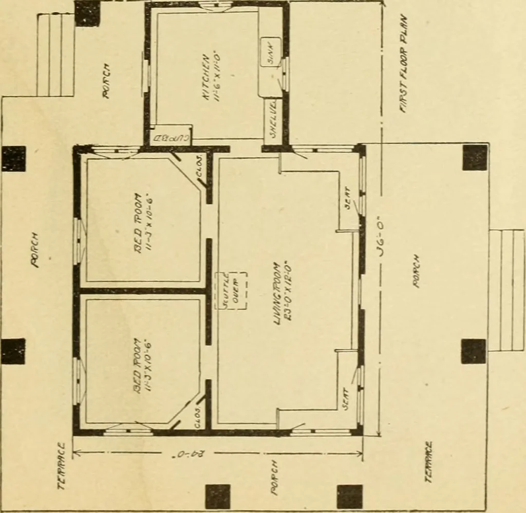 An illustration from Hodgson's modern house building : perspective views and floor plans of fifty low and medium priced houses ; full and complete working plans and specifications of any of these houses will be mailed at the low prices named, on the same day the order is received ; illustrated, 1905, leaf 128