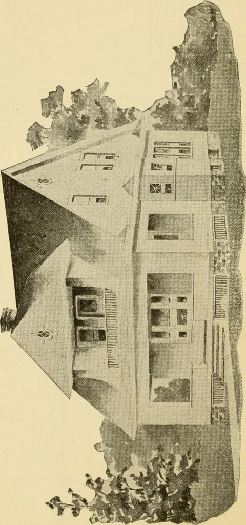 An illustration from Hodgson's modern house building : perspective views and floor plans of fifty low and medium priced houses ; full and complete working plans and specifications of any of these houses will be mailed at the low prices named, on the same day the order is received ; illustrated, 1905, leaf 129