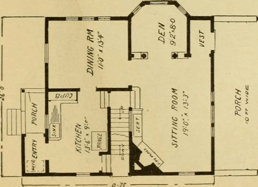 An illustration from Hodgson's modern house building : perspective views and floor plans of fifty low and medium priced houses ; full and complete working plans and specifications of any of these houses will be mailed at the low prices named, on the same day the order is received ; illustrated, 1905, leaf 130