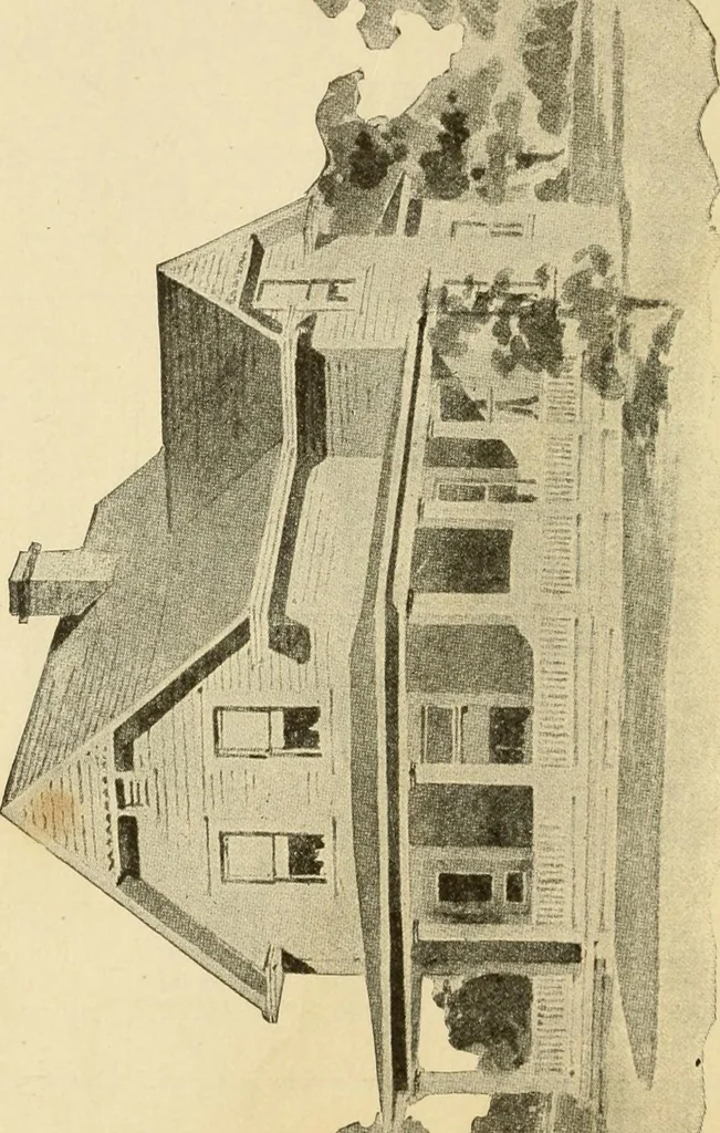 An illustration from Hodgson's modern house building : perspective views and floor plans of fifty low and medium priced houses ; full and complete working plans and specifications of any of these houses will be mailed at the low prices named, on the same day the order is received ; illustrated, 1905, leaf 31