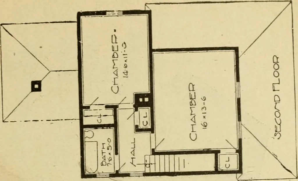 An illustration from Hodgson's modern house building : perspective views and floor plans of fifty low and medium priced houses ; full and complete working plans and specifications of any of these houses will be mailed at the low prices named, on the same day the order is received ; illustrated, 1905, leaf 32