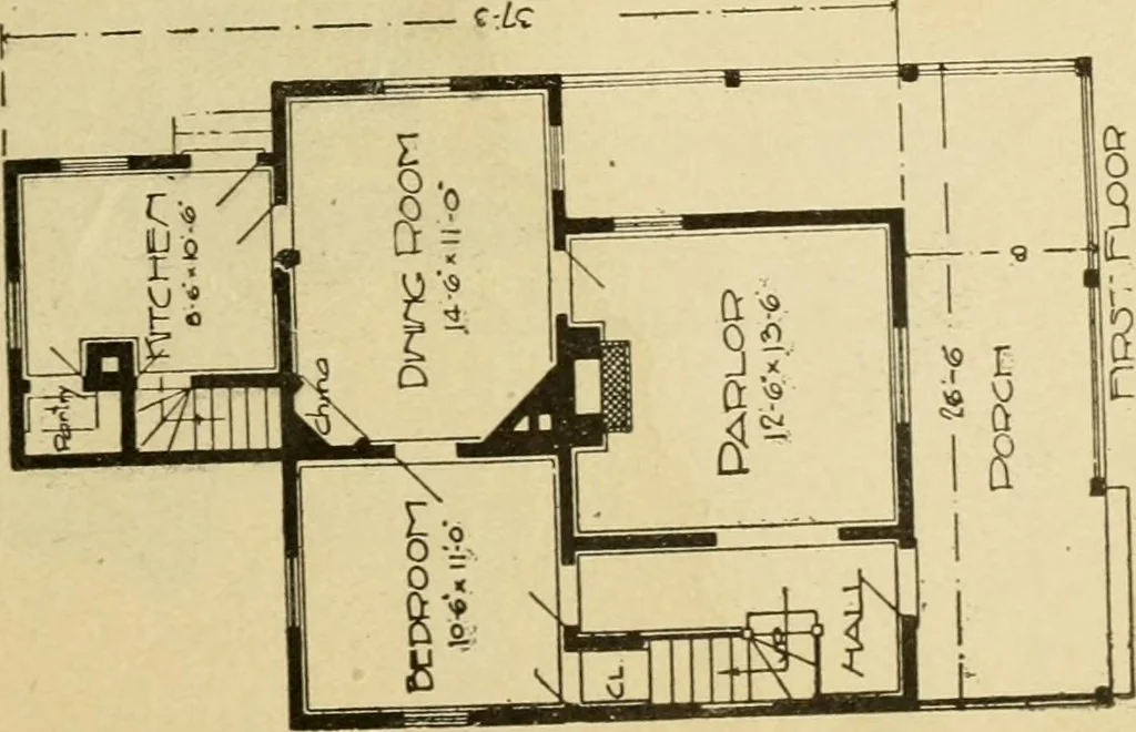 An illustration from Hodgson's modern house building : perspective views and floor plans of fifty low and medium priced houses ; full and complete working plans and specifications of any of these houses will be mailed at the low prices named, on the same day the order is received ; illustrated, 1905, leaf 32