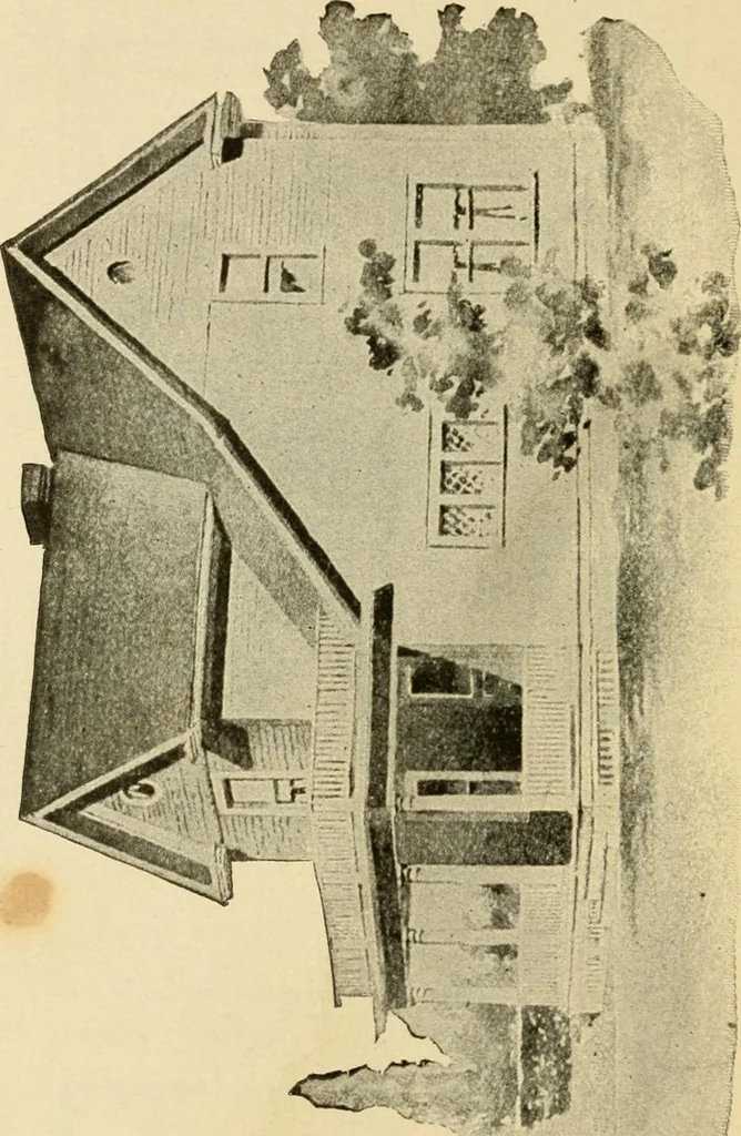 An illustration from Hodgson's modern house building : perspective views and floor plans of fifty low and medium priced houses ; full and complete working plans and specifications of any of these houses will be mailed at the low prices named, on the same day the order is received ; illustrated, 1905, leaf 33