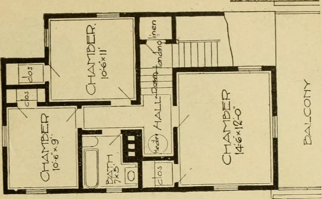 An illustration from Hodgson's modern house building : perspective views and floor plans of fifty low and medium priced houses ; full and complete working plans and specifications of any of these houses will be mailed at the low prices named, on the same day the order is received ; illustrated, 1905, leaf 34