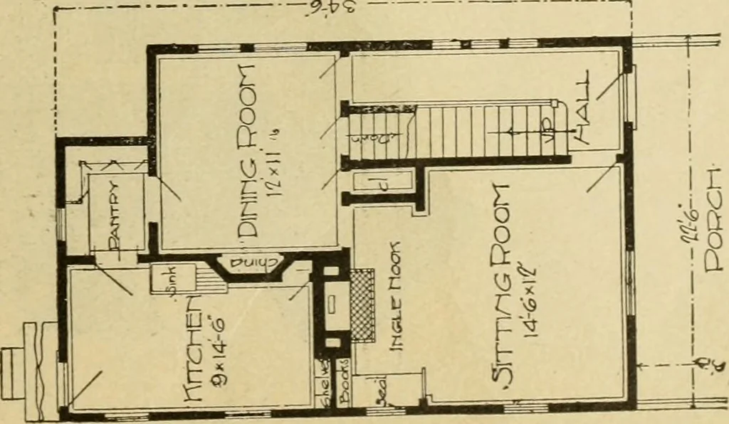 An illustration from Hodgson's modern house building : perspective views and floor plans of fifty low and medium priced houses ; full and complete working plans and specifications of any of these houses will be mailed at the low prices named, on the same day the order is received ; illustrated, 1905, leaf 34