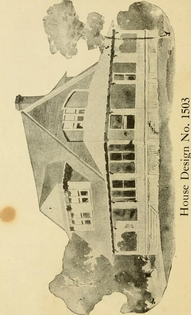 An illustration from Hodgson's modern house building : perspective views and floor plans of fifty low and medium priced houses ; full and complete working plans and specifications of any of these houses will be mailed at the low prices named, on the same day the order is received ; illustrated, 1905, leaf 35
