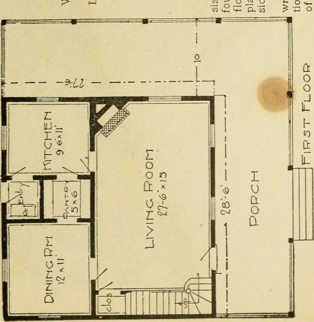 An illustration from Hodgson's modern house building : perspective views and floor plans of fifty low and medium priced houses ; full and complete working plans and specifications of any of these houses will be mailed at the low prices named, on the same day the order is received ; illustrated, 1905, leaf 36