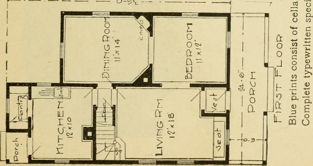 An illustration from Hodgson's modern house building : perspective views and floor plans of fifty low and medium priced houses ; full and complete working plans and specifications of any of these houses will be mailed at the low prices named, on the same day the order is received ; illustrated, 1905, leaf 38